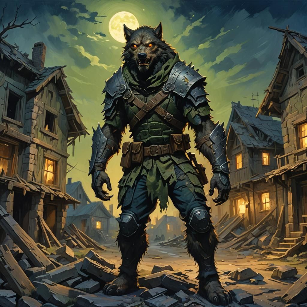 Werewolf Soldier in Battle Scarred Village, Dark Fantasy Art