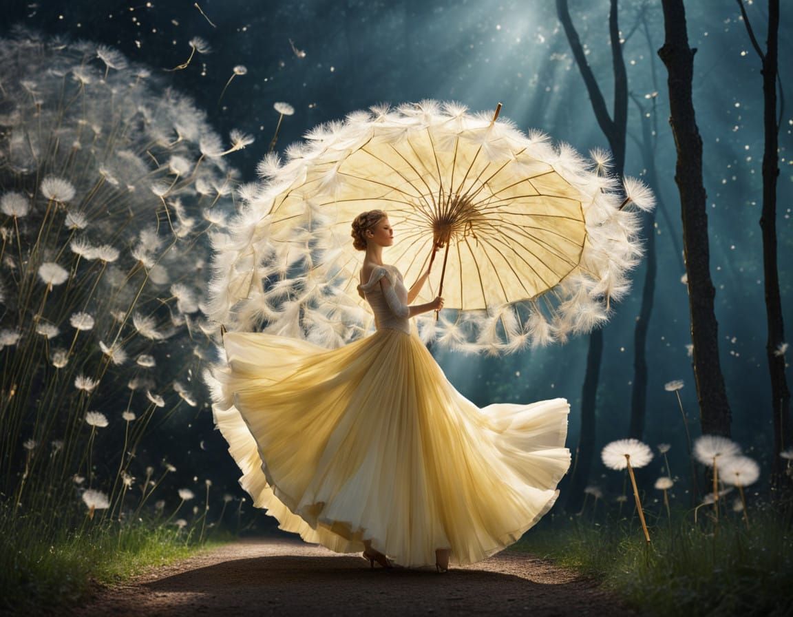 Whimsical Ballerina Dances Among Dandelion Blooms