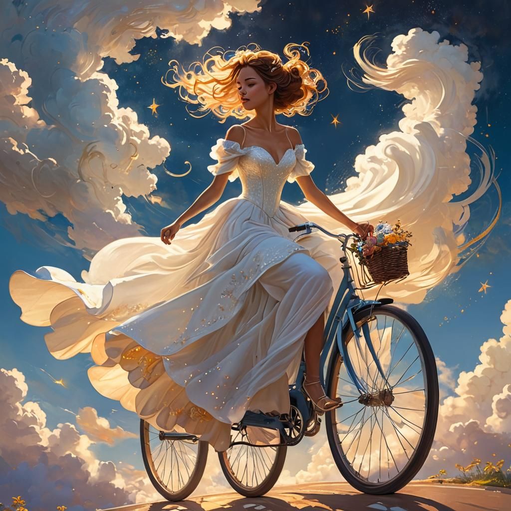 Woman Ascends to Stars on Glowing Bicycle