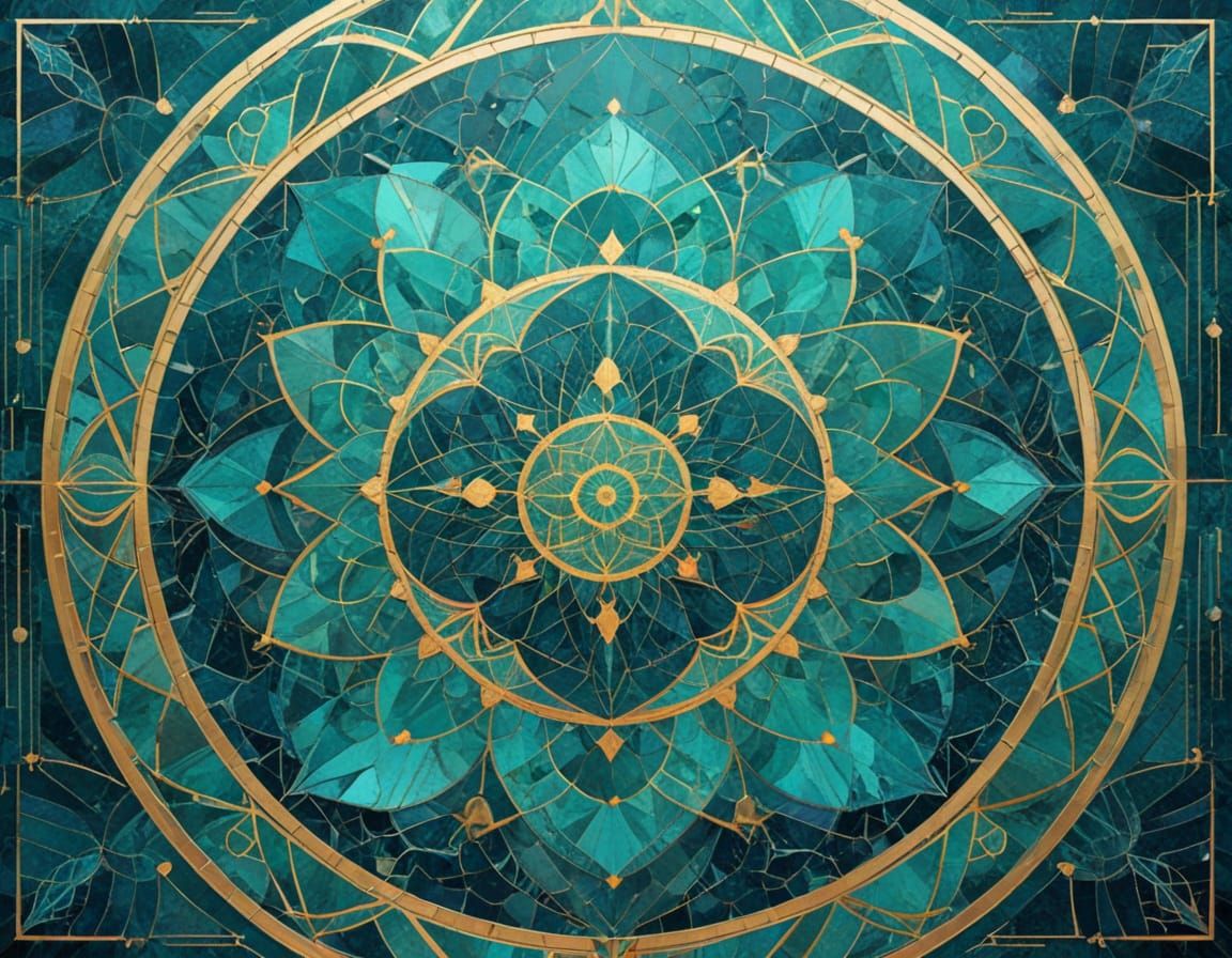 Ethereal Abstract Mosaic Art in Blue-Green and Gold