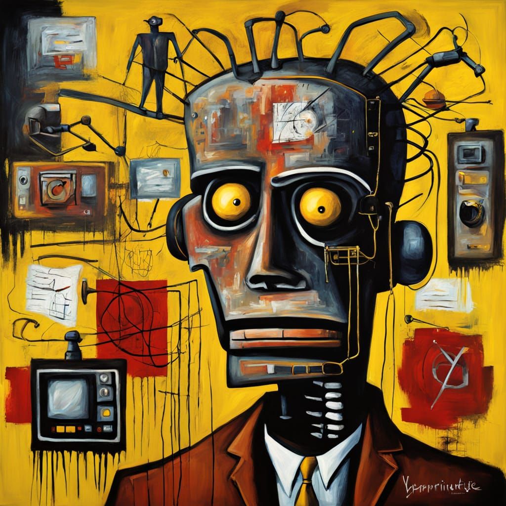 Jean-Michel Basquiat Style Urban Art with Robot Elements