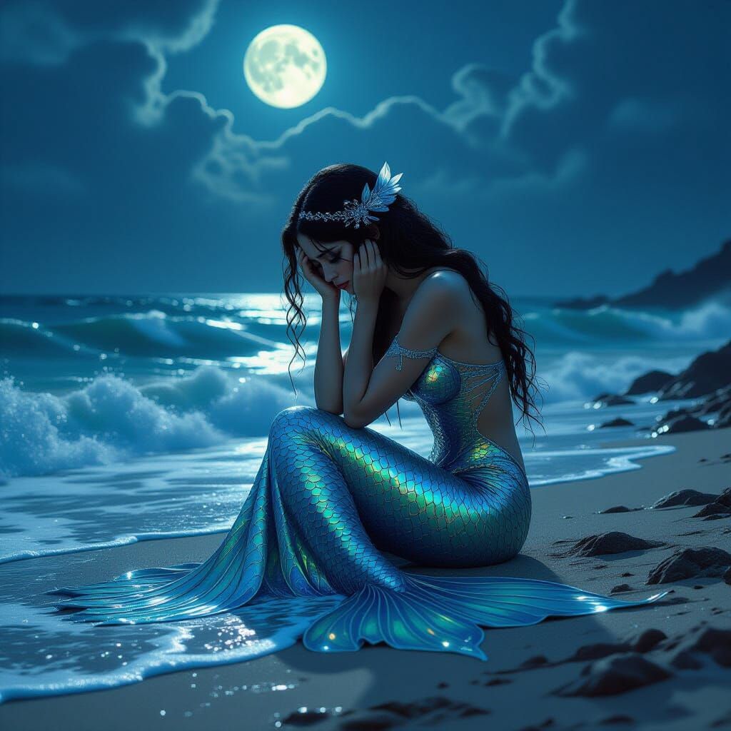 Melancholic Mermaid Weeping Tears under Moonlight