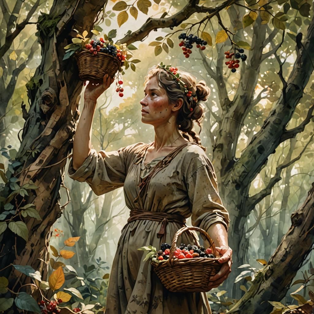 Neolithic Woman Foraging in Prehistoric Forest
