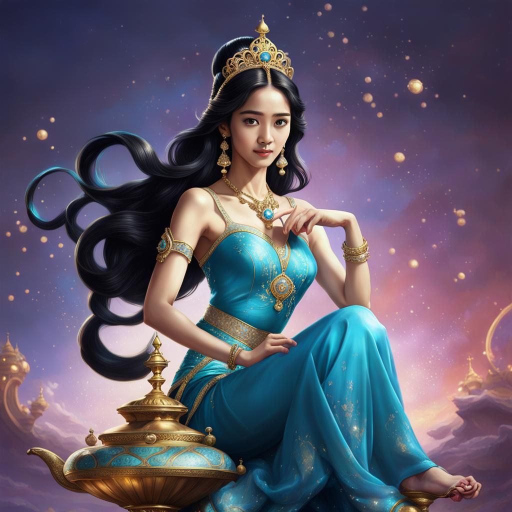 Princess Jasmine on Genie Lamp: Hyperrealistic Portrait