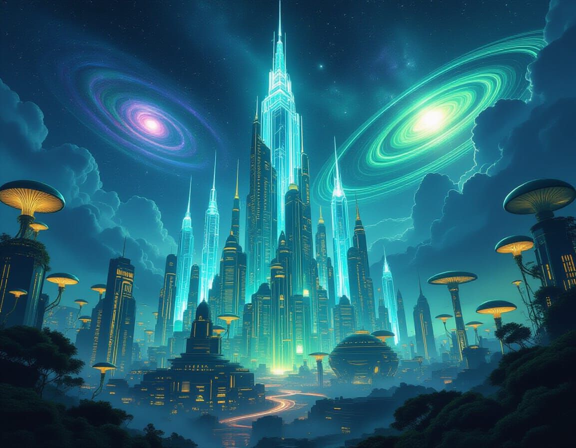 Sci-Fi Fractal Cityscape Under Alien Skies