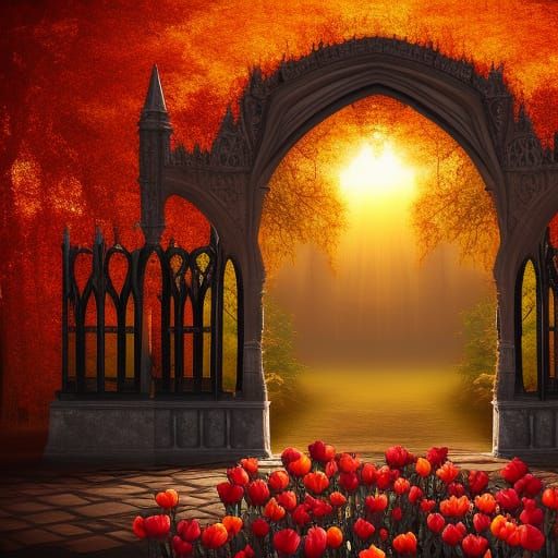 Gothic Rose Gate in Autumnal Oak Forest