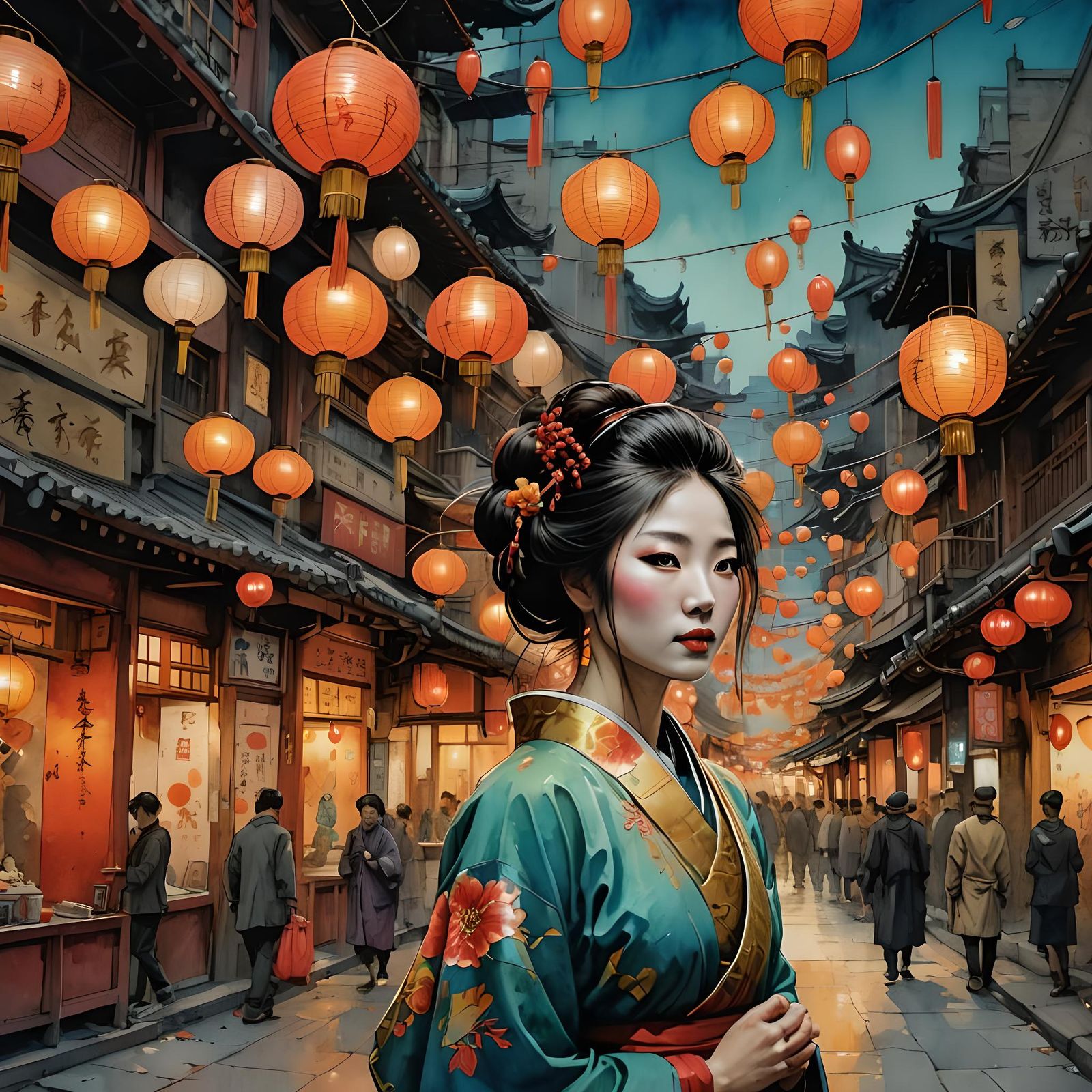 Geisha in Chinatown with Chinese Lanterns