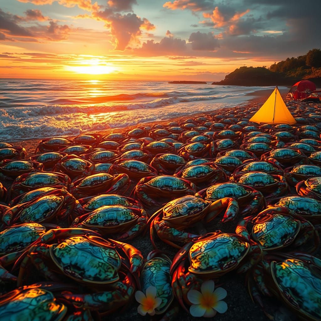 Vibrant Beach Invasion at Sunset