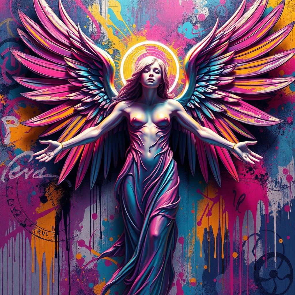 Iridescent Angel in Polychromatic Street Art Style