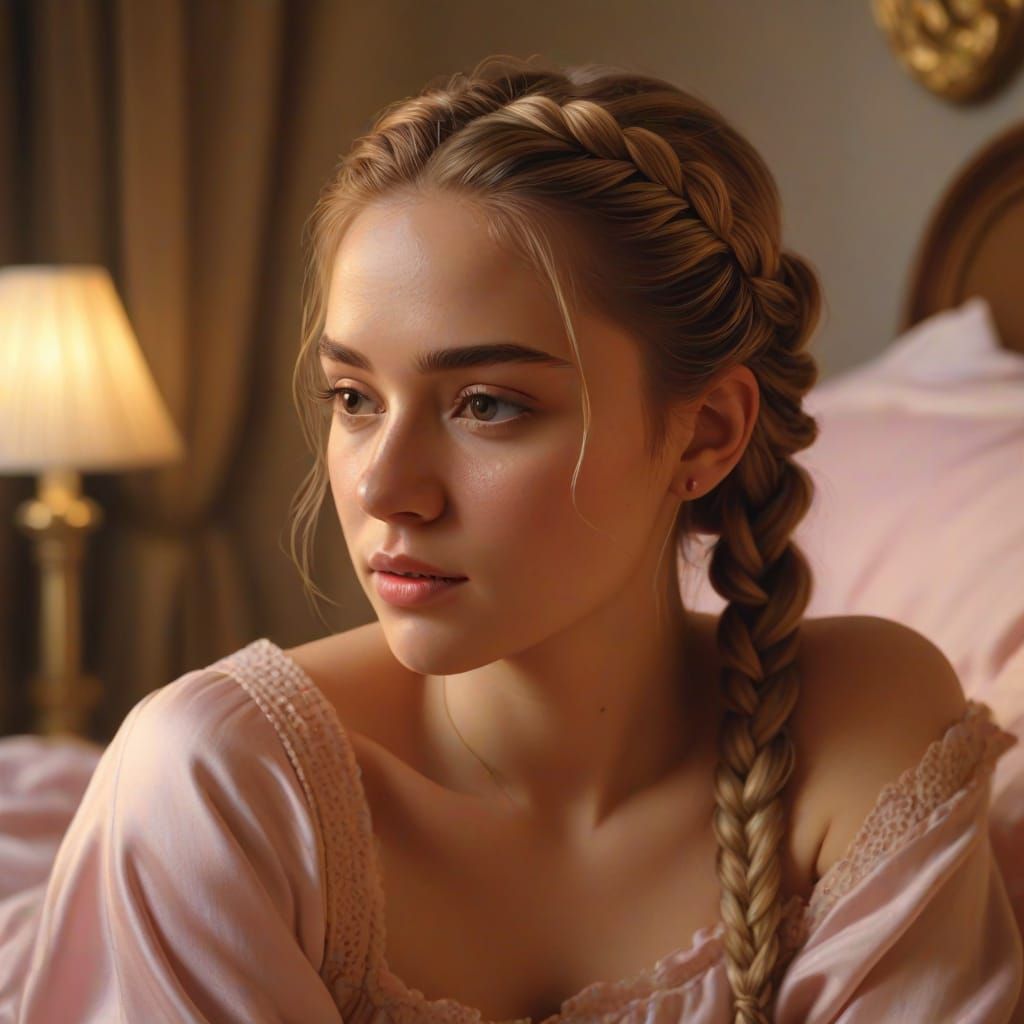 Romantic Portrait of Woman with Braids as Oil Painting