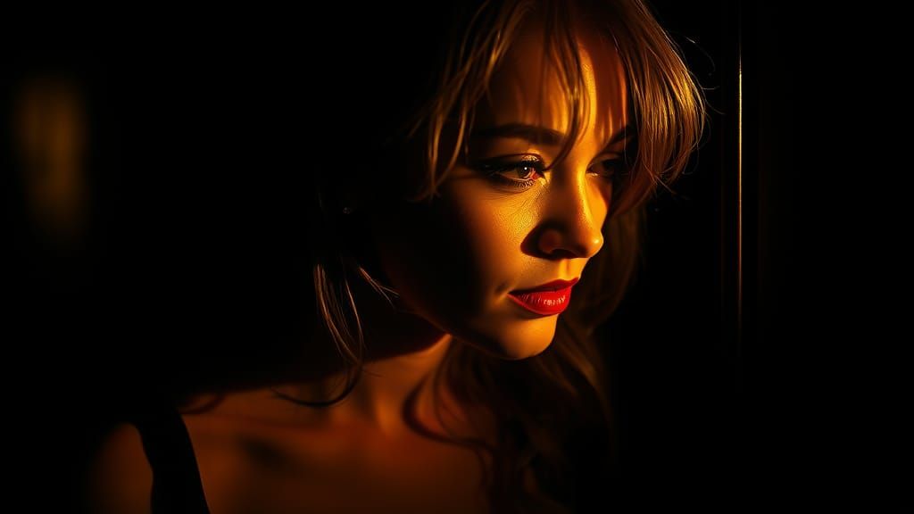 Woman Emerges from Darkened Film Noir Scene