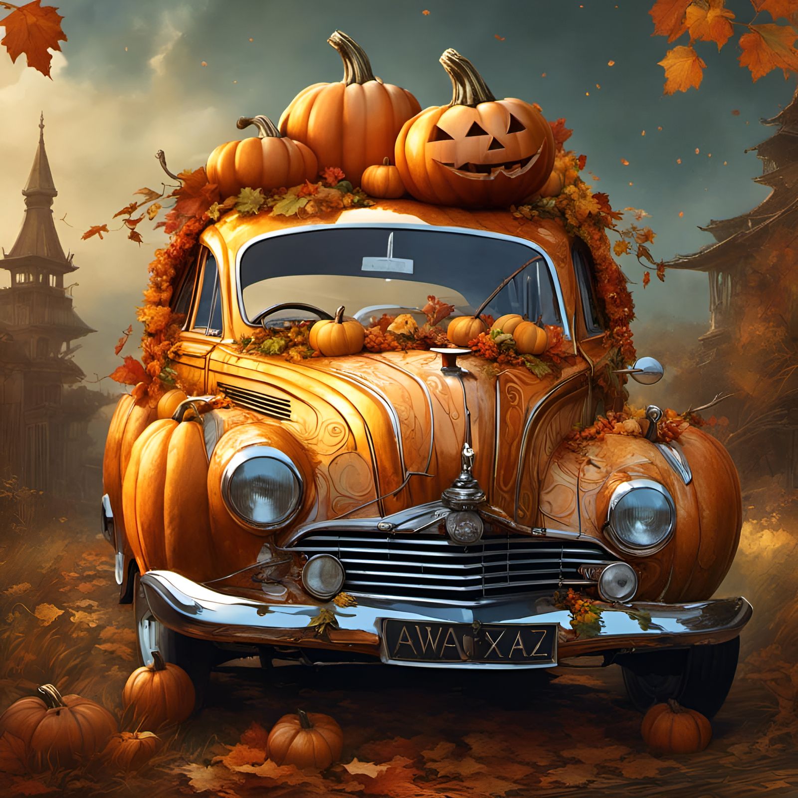 Pumpkin Car Sedan in Surreal Digital Art Style