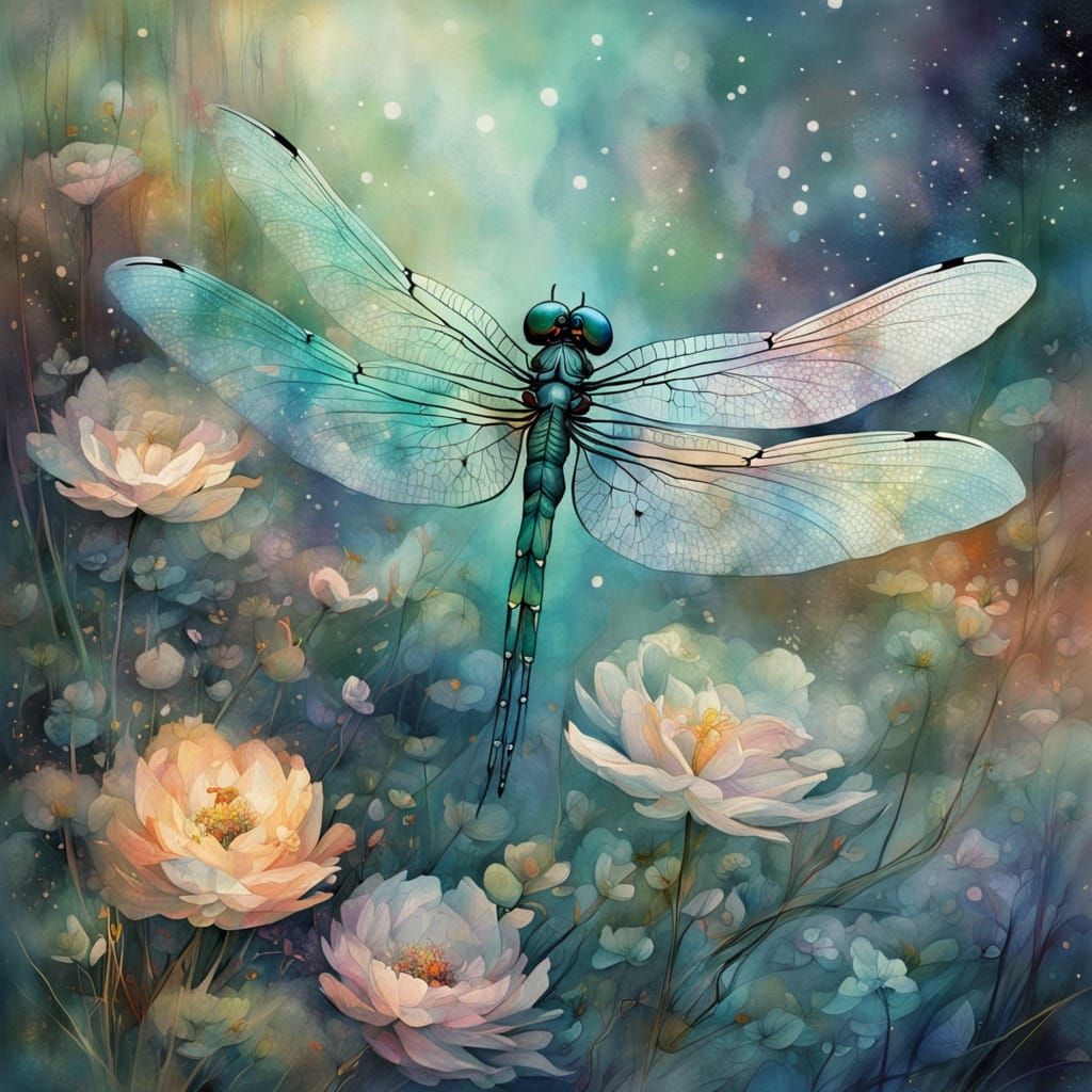 Fantastical Dragonfly on Flower, Watercolor Dreamscape