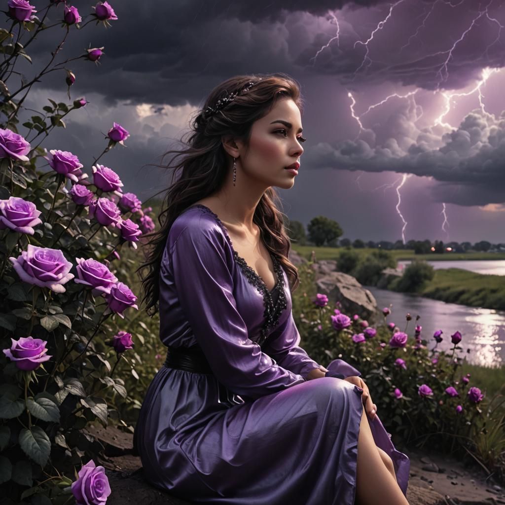 Nostalgic Woman by Riverbank with Stormy Sky