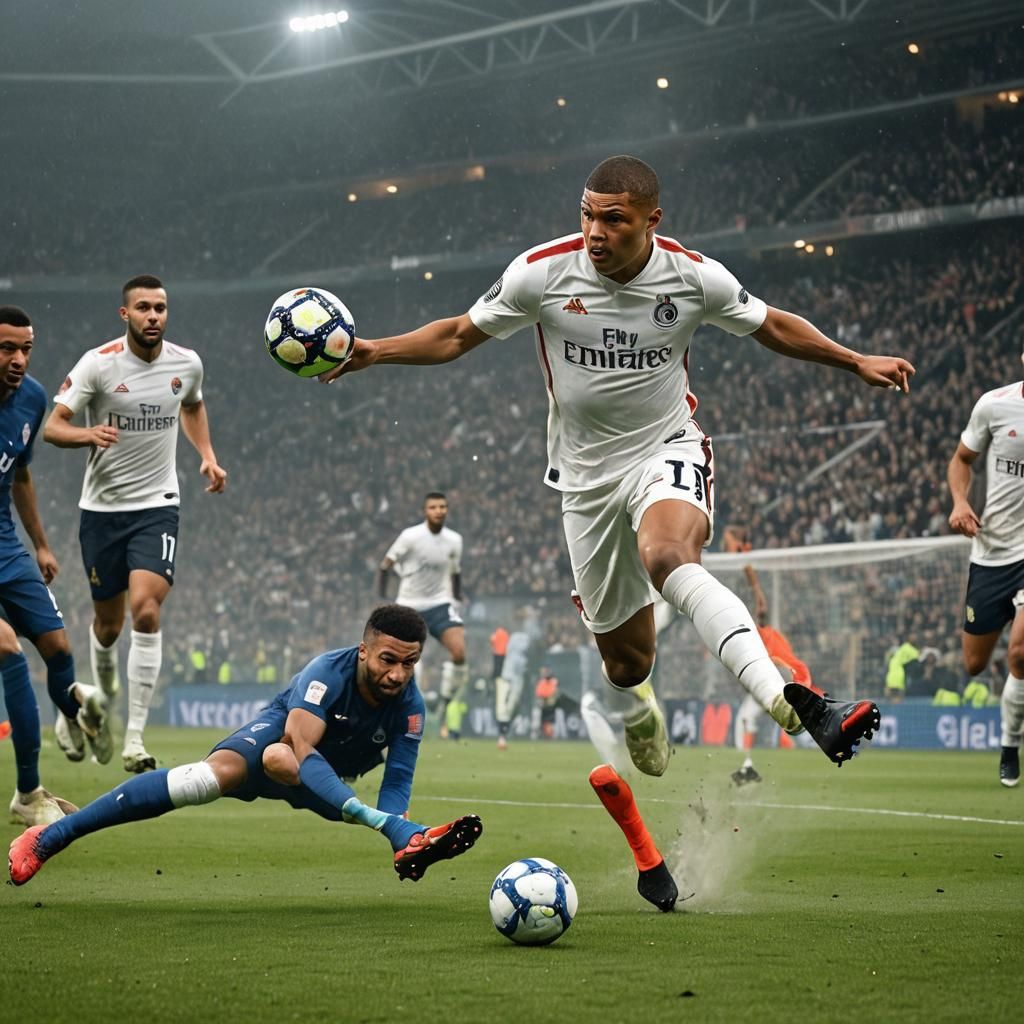 Mbappe Scores Goal in Hyperrealistic Stadium