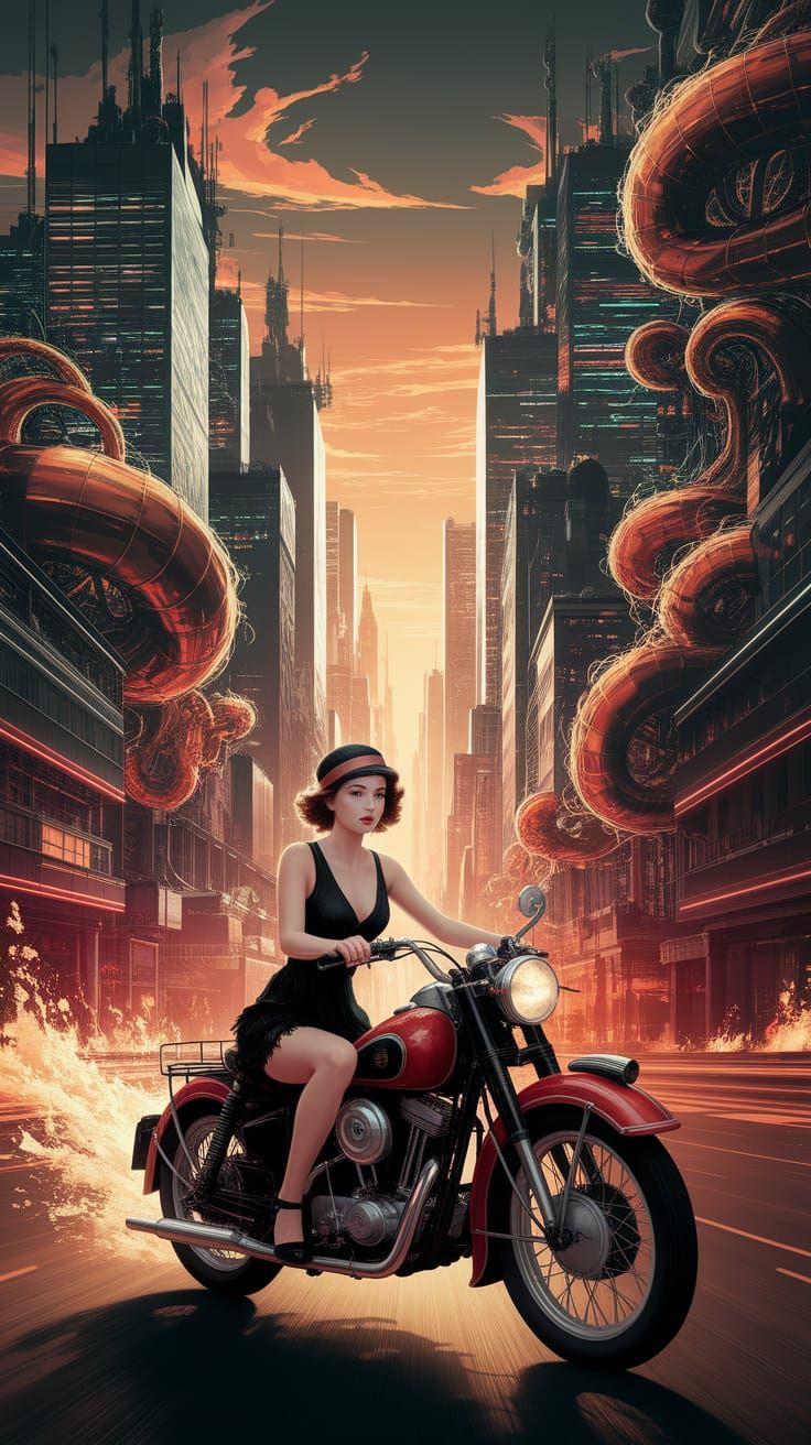 1920s Flapper Rides Motorcycle into Dystopian Cityscape