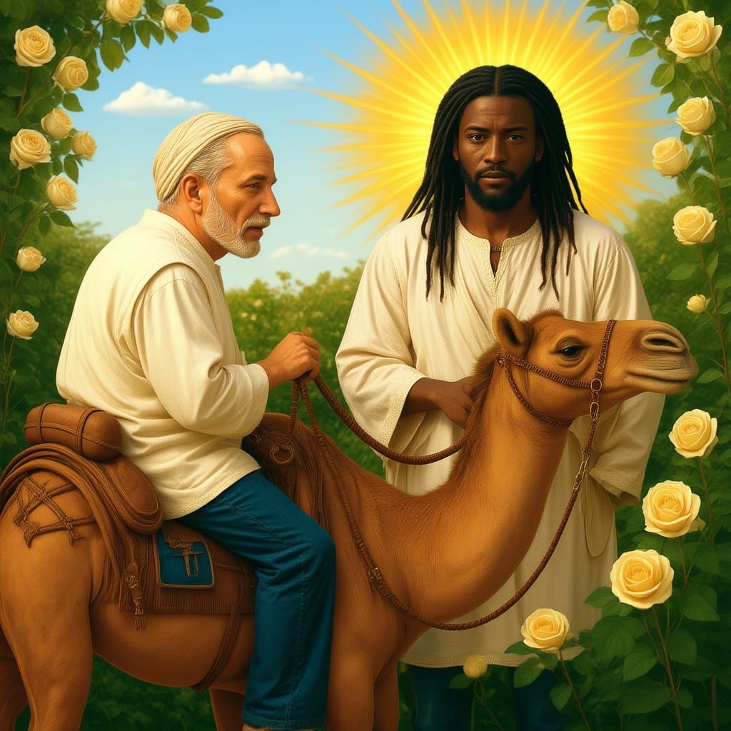 Nubian Trucker's Desert Encounter: Hyperrealistic Splash Art