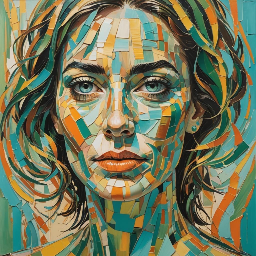 Abstract Portrait with Geometric Stripes in Expressionist St...