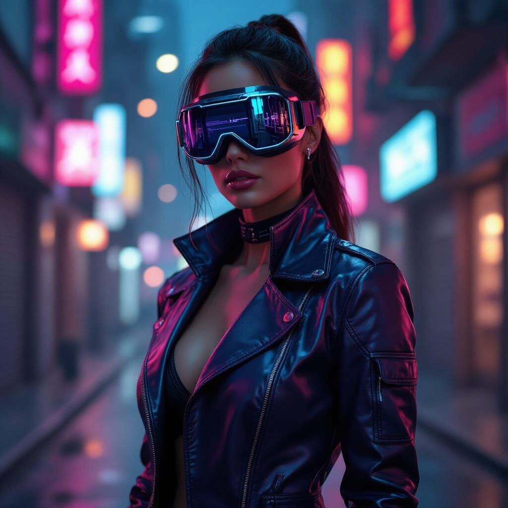 Futuristic Woman in Neon Alley, Cyberpunk Style