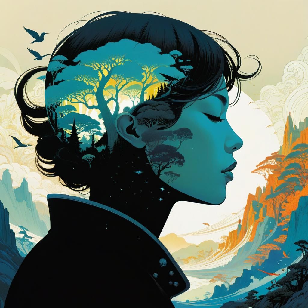 Dreamcore Double Exposure Silhouette in Cartoon Style