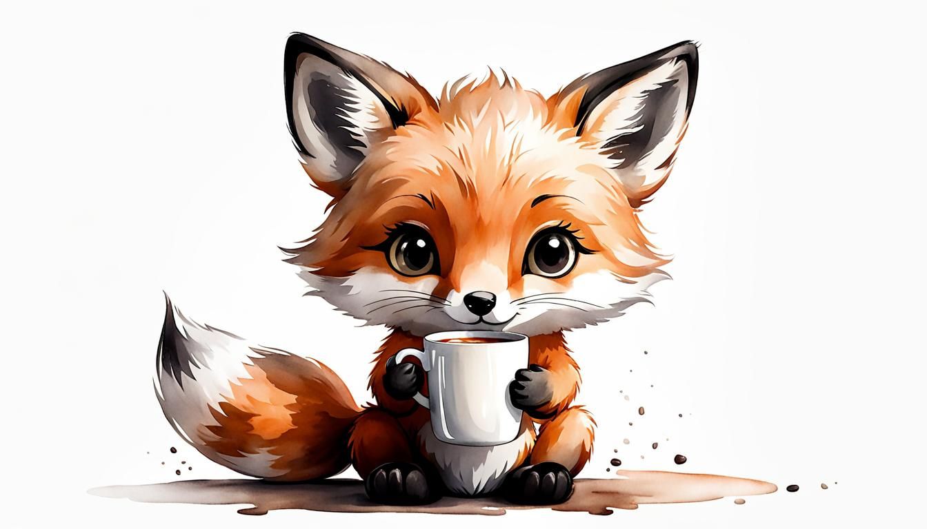 Chibi Fox with Coffee: Ink Wash Illustration
