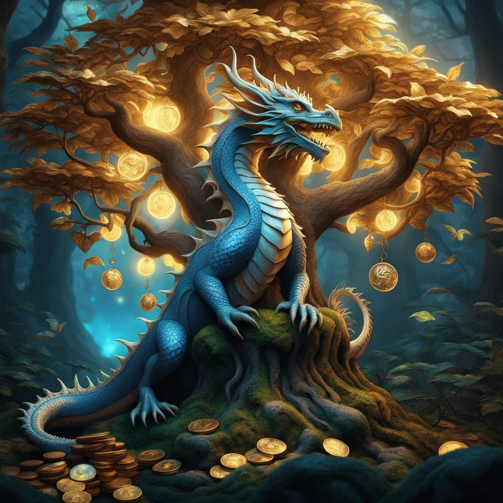 Magical Tree Under Starlight: Dragon Guarded Glowing Forest