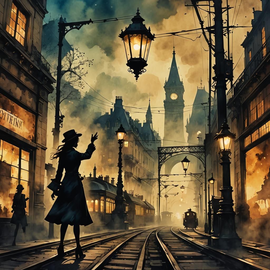 Girl Waving at Train in Steampunk Paris