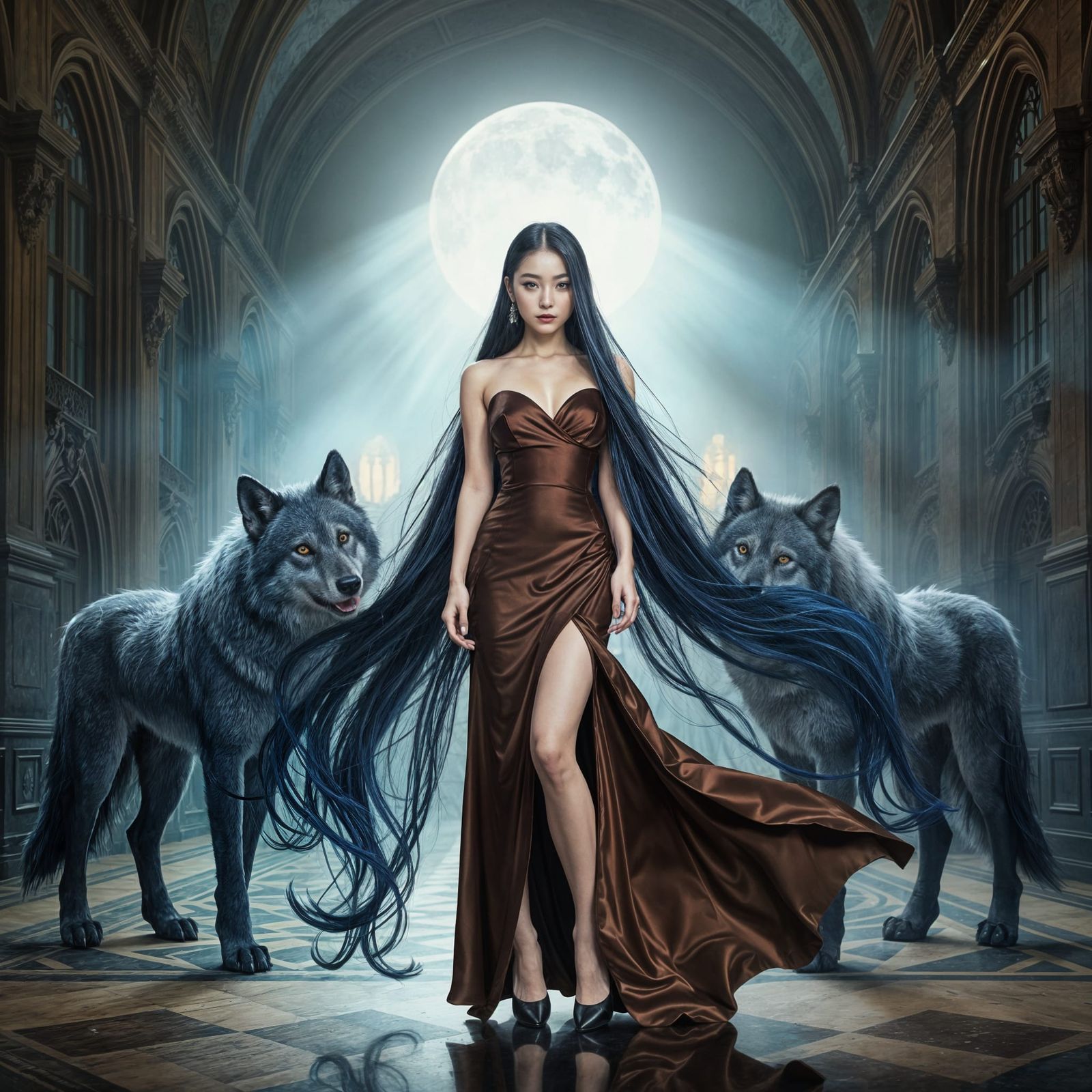 Korean Vampire Portrait with Wolves in Moonlight
