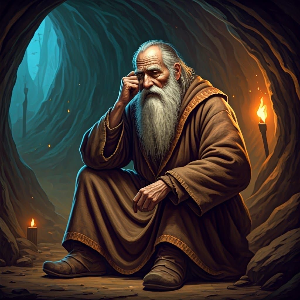 An elderly wise old hermit stroking his long beard as he contemplates the meaning of existence in a mountain cave.
