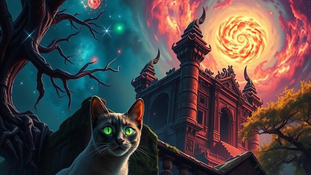 Siamese Cat on Ancient Ruin Under Cosmic Sky