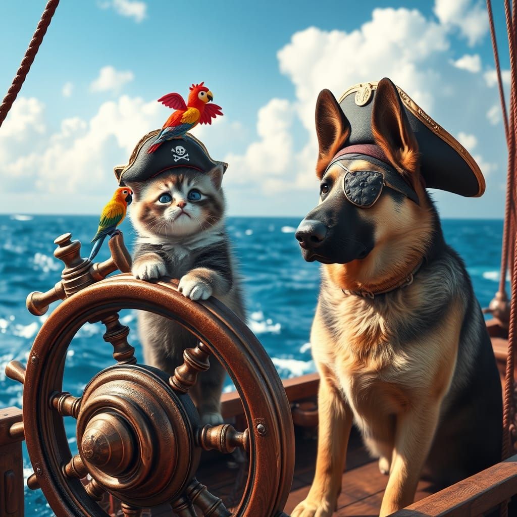 Pirate Kitten and Dog on Fantasy Ship