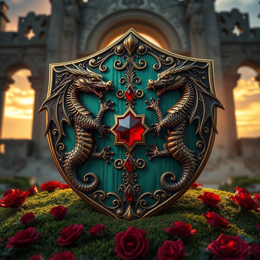 Bronze Dragon Shield with Emerald Dragons in Majestic Ruins