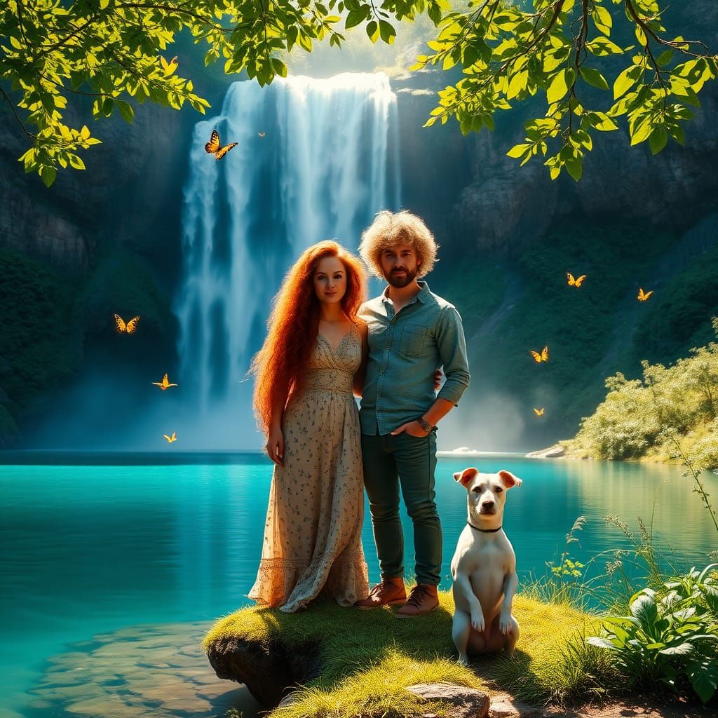 Couple by Waterfall in Dreamy Landscape