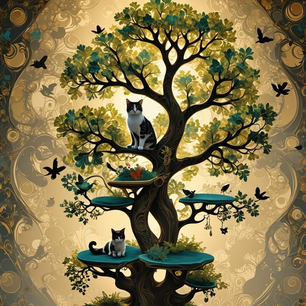 Exotic Fractal Rorschach Art: Maine Coon Cat Tree