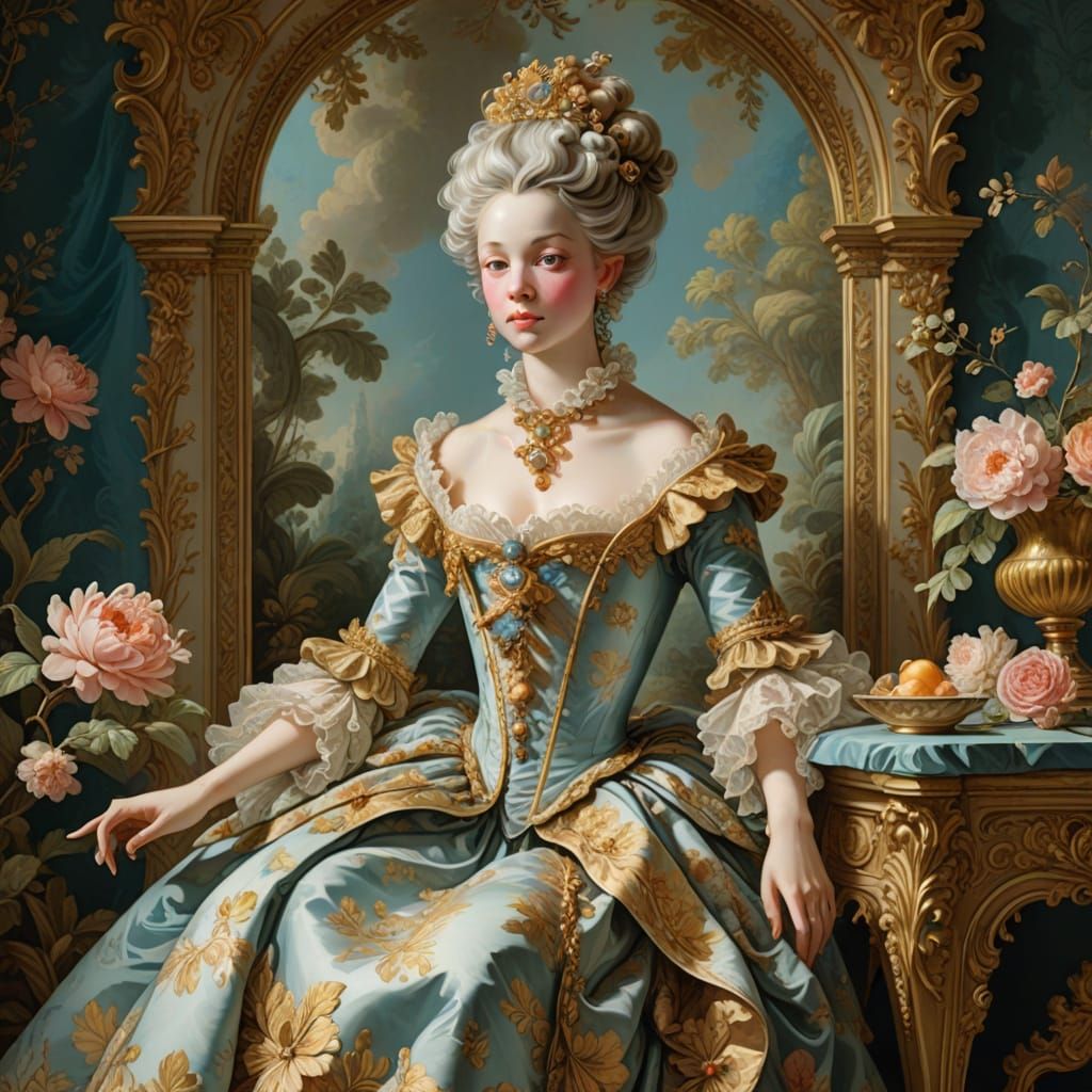 Rococo Princess Illustration with Golden Accents