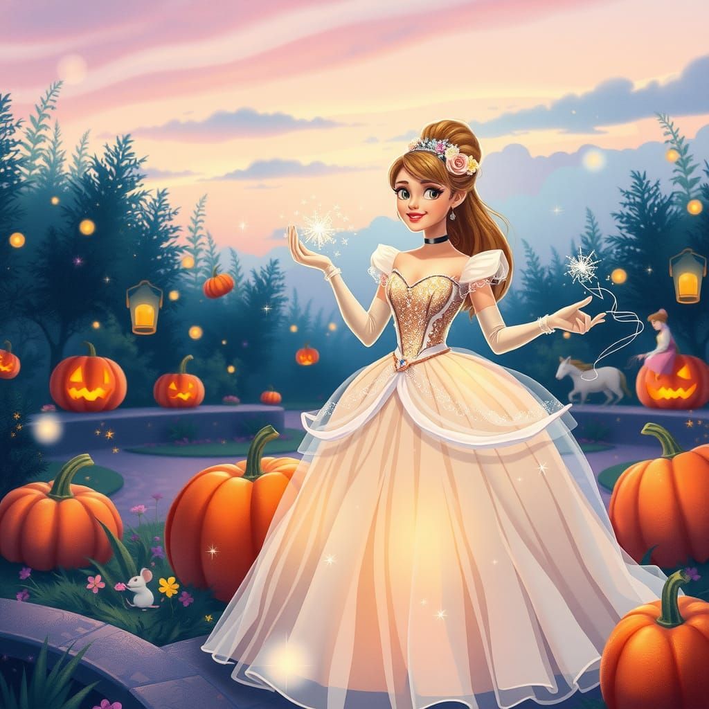 Cinderella in Enchanted Garden, Whimsical Illustration