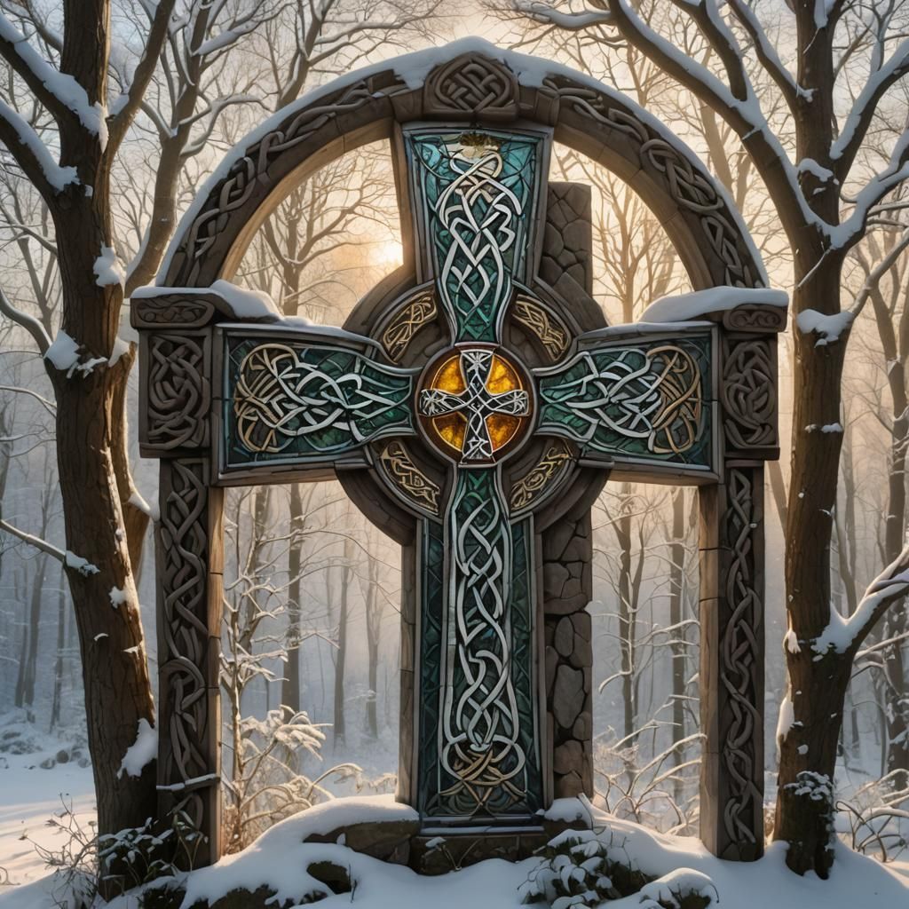 Stunning Stained Glass Celtic Cross in Forest Scene