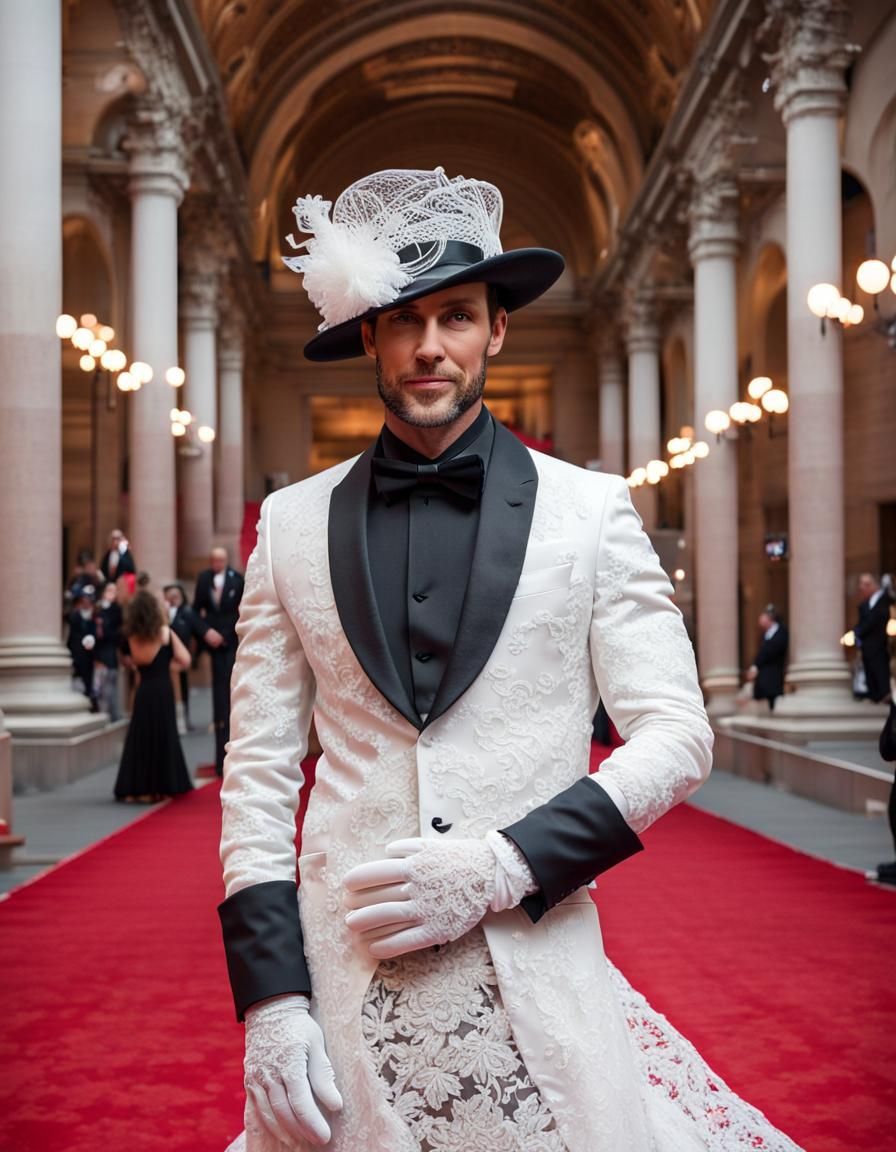 Man in White Lace Gown at Gala