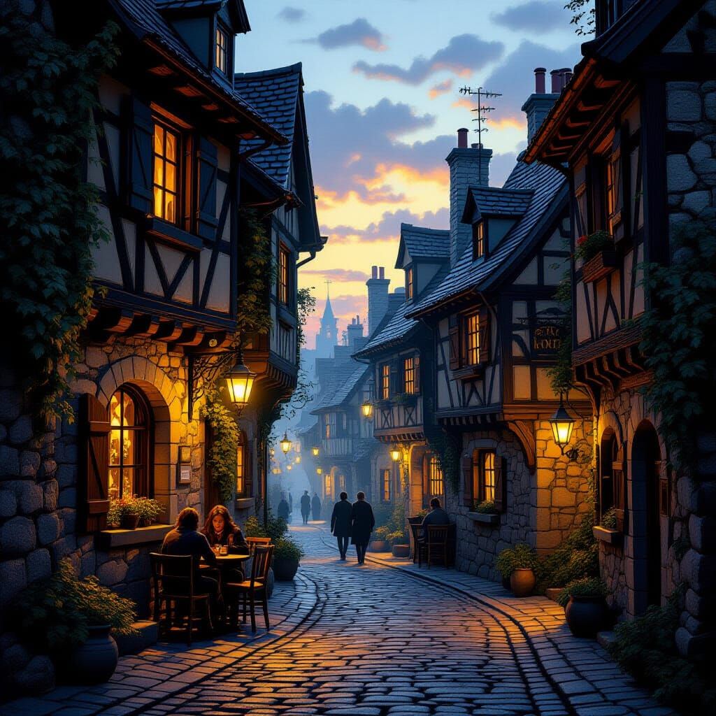 Medieval Alleyway at Twilight with Tavern Light