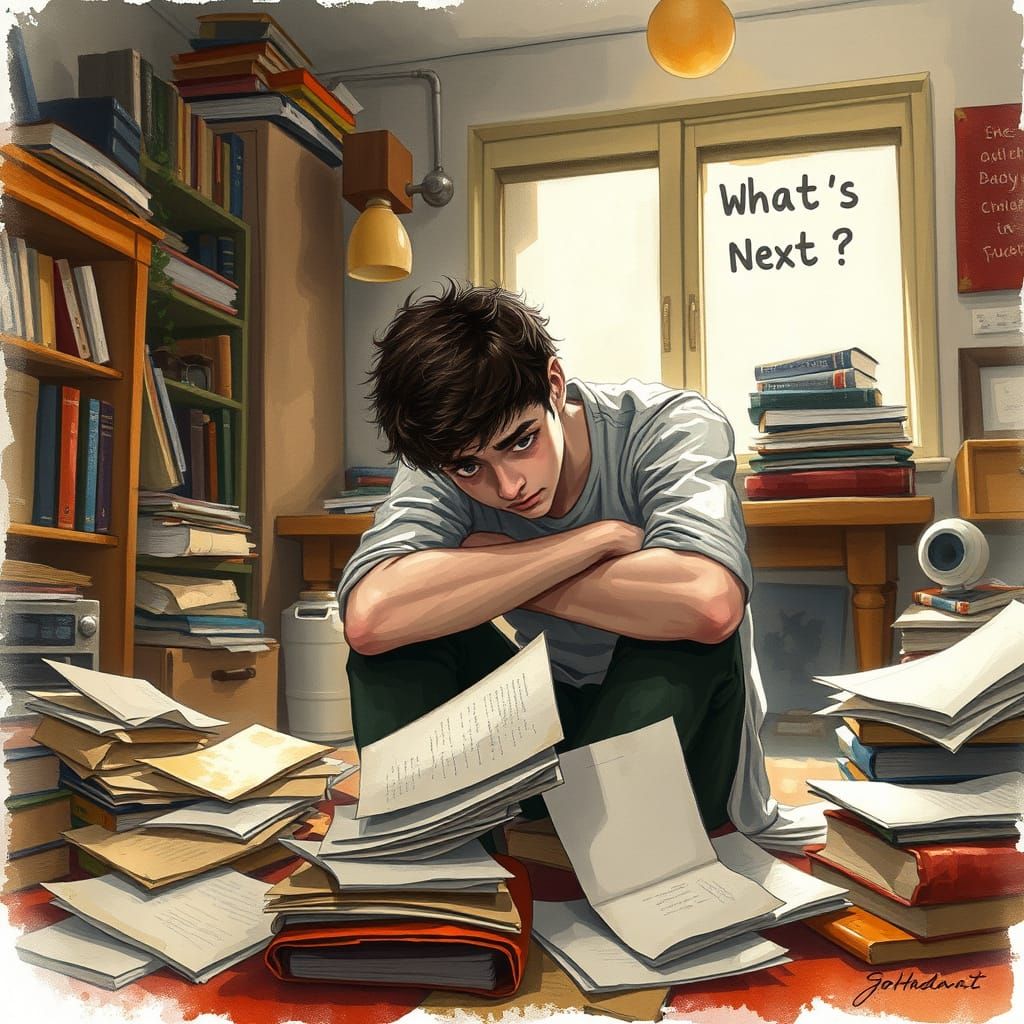 A Young Adult Seeks Guidance in a Cluttered Study
