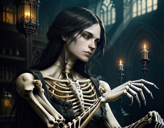 Furry Skeleton Cleans Bones: Dark Fantasy Art Nouveau