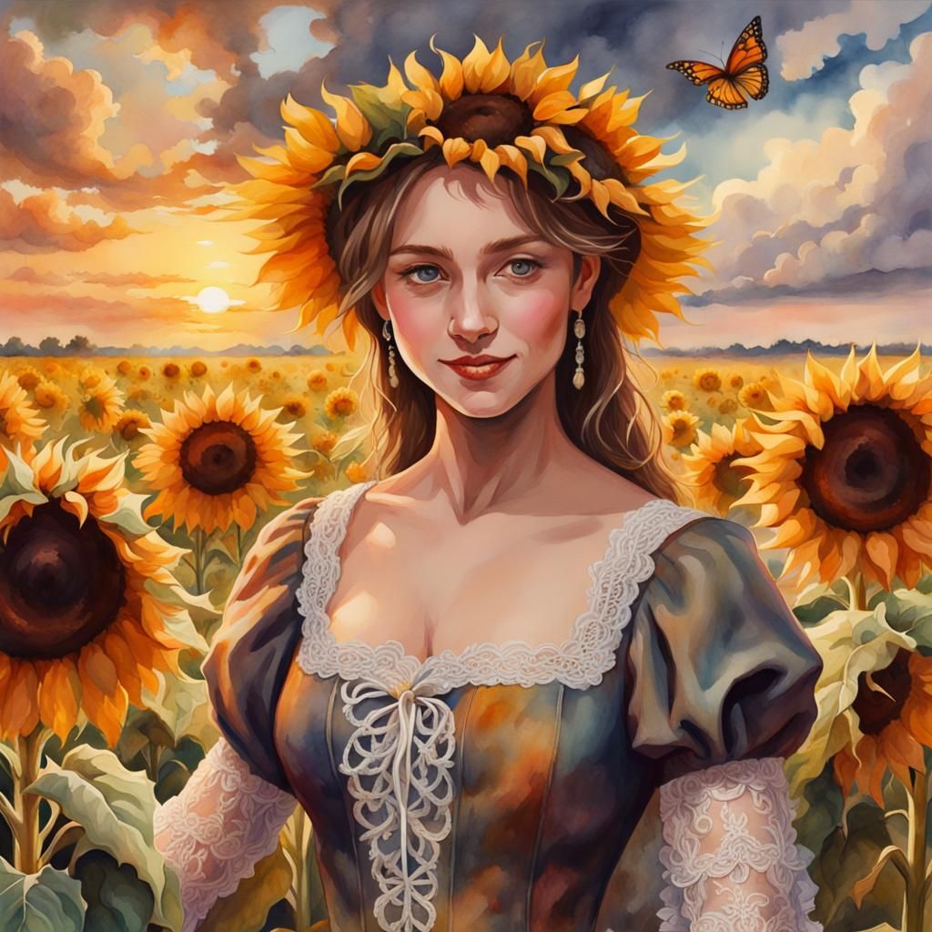 Girl in Sunflower Field: Watercolor Painting at Sunset
