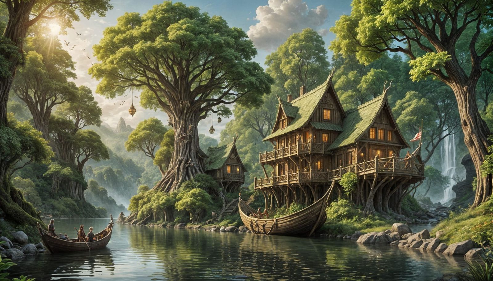 Elven Ship on Riverbank in Whimsical Forest Setting