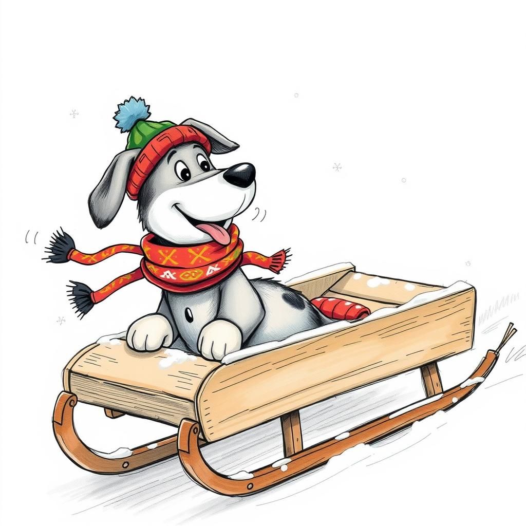 Dog Pulling Sled in Winter, Hand-Drawn Comic Style