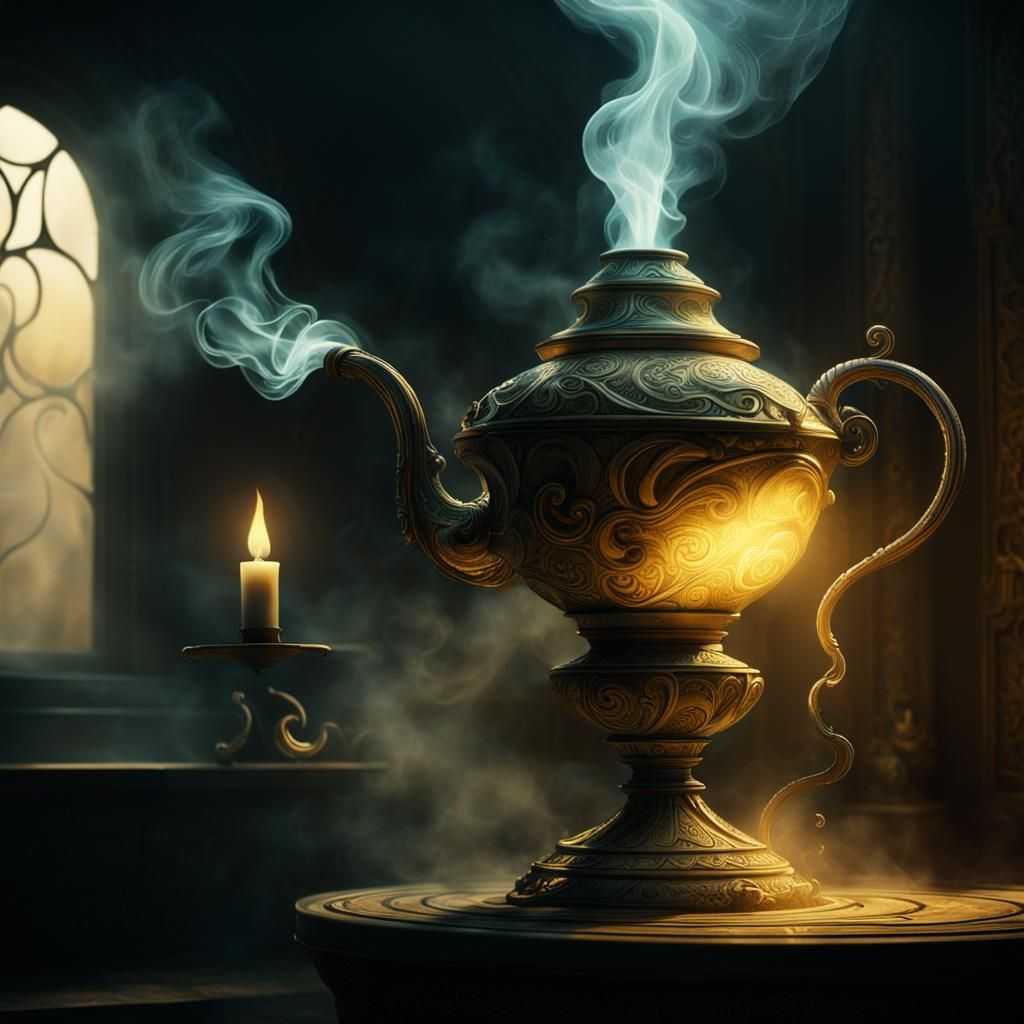 Ethereal Smoke Genie Emerges from Ancient Lamp