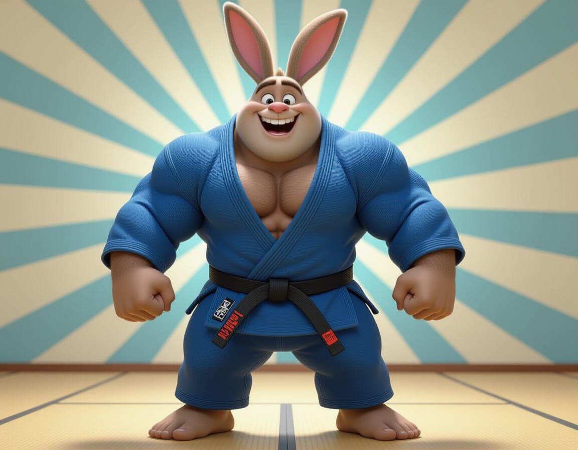 Laughing Bunny Bodybuilder in Judo Gi: 3D Digital Art