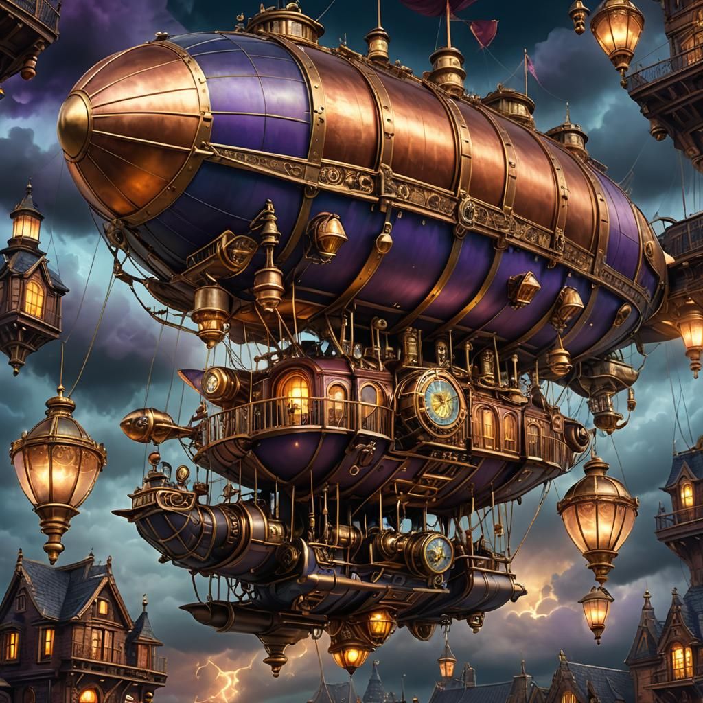 Steampunk Airship with Clockwork Mechanisms in Stormy Sky