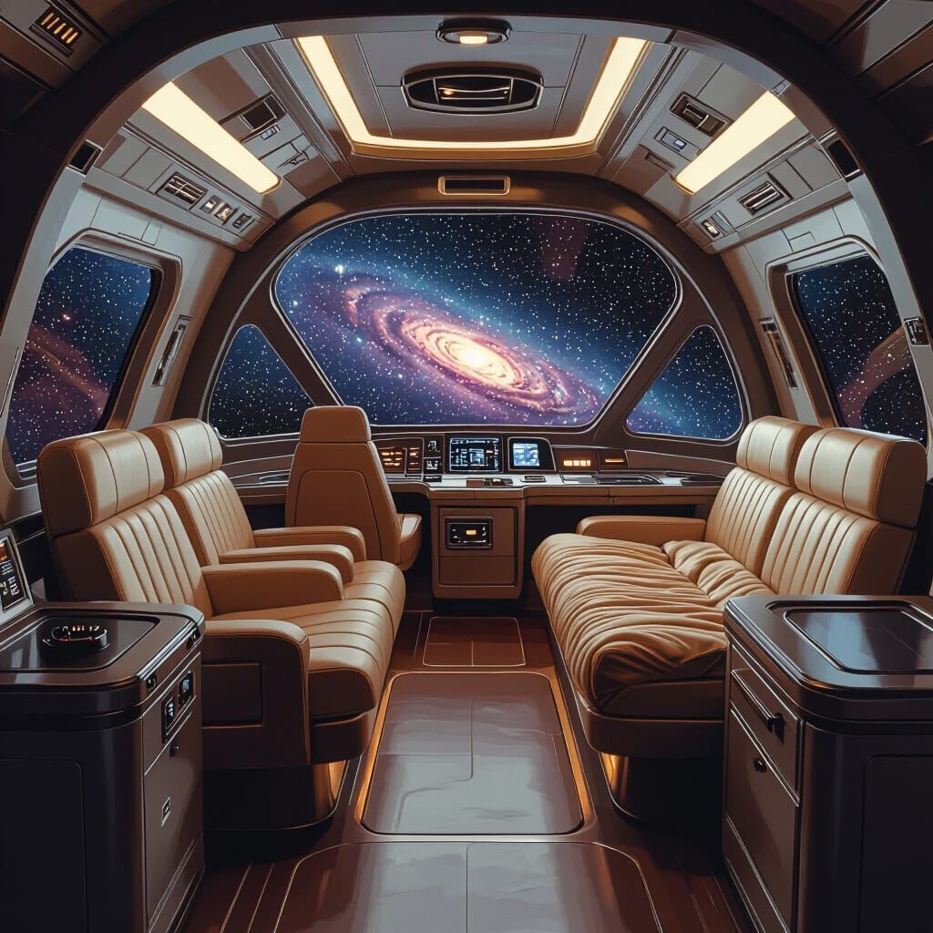 Retro-Futuristic Spaceship Cabin with Galaxy View