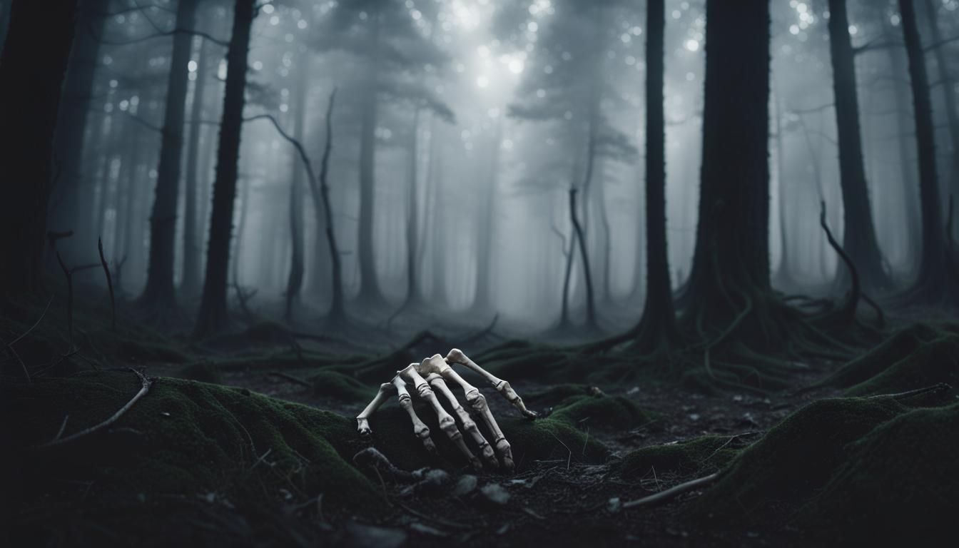 Eerie Skeleton Hand Emerges in Midnight Forest