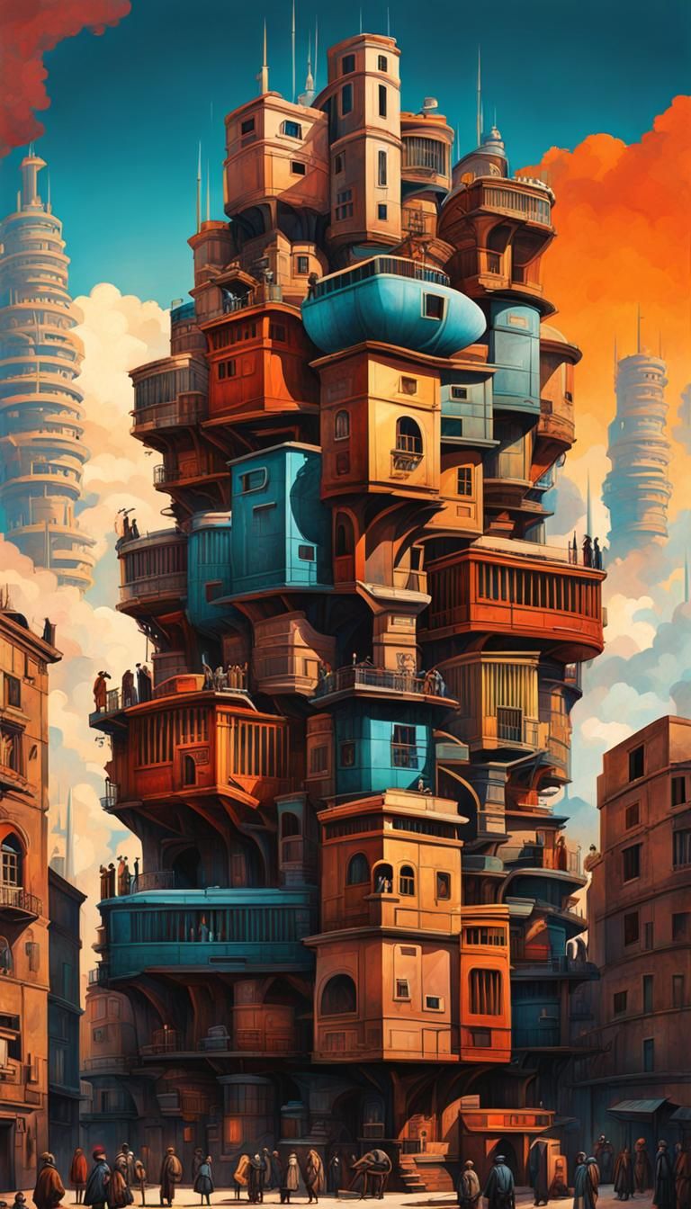 Dystopian Tower of Babel in Hyperrealism